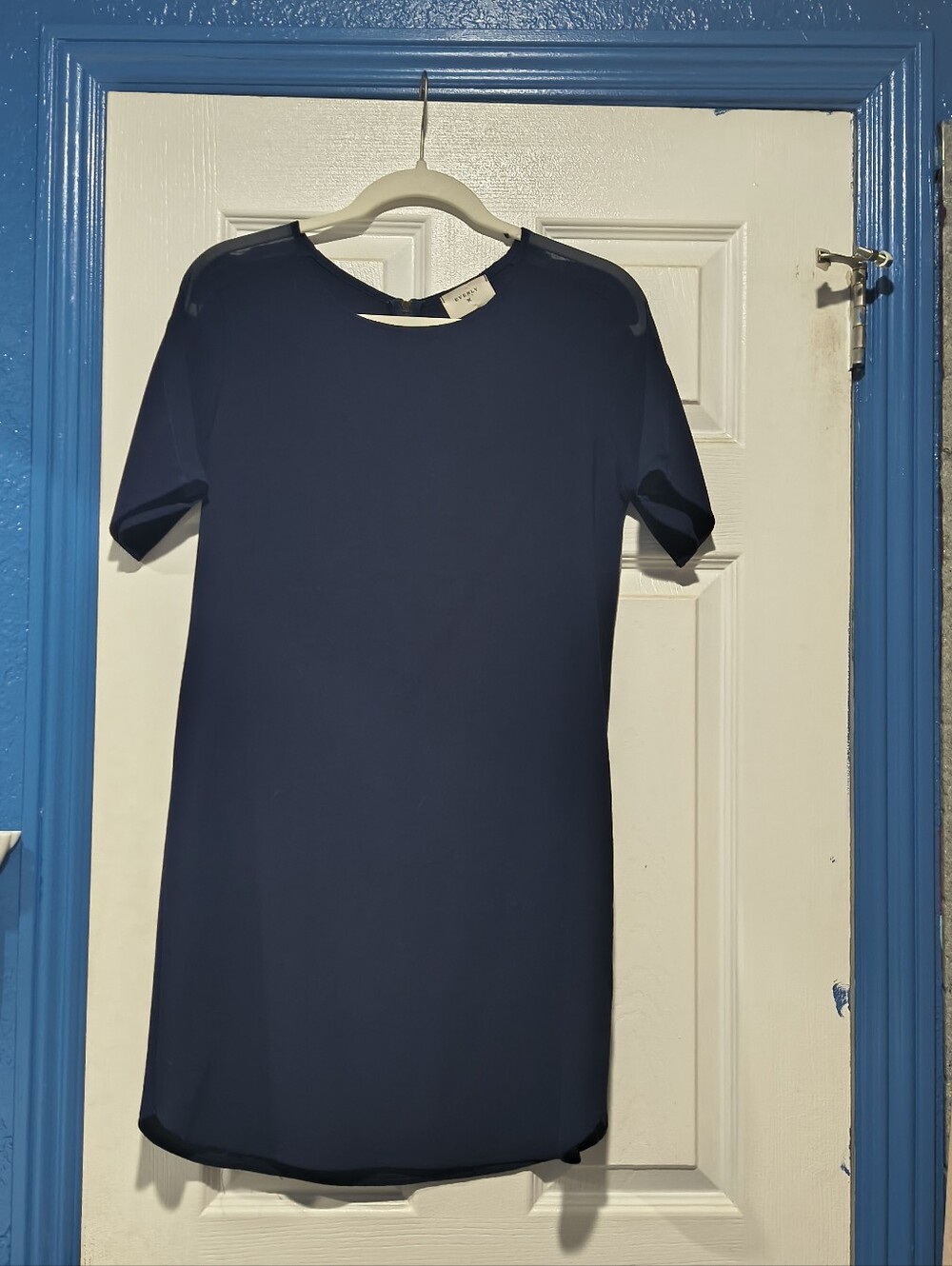 Everly Navy Blue Sheer Mesh Shoulder Shift Dress Short Sleeve Size S